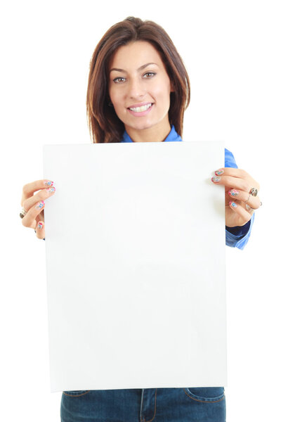 Beautiful woman holding blank board banner smiling