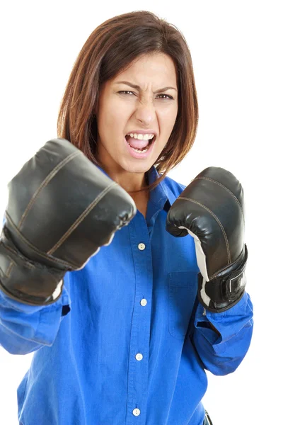 Fearless and furious young businesswoman in boxing concept — Stock Photo, Image