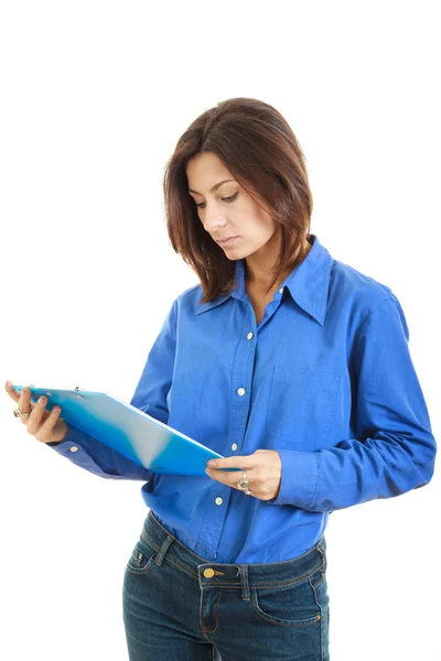 Pensoso college ragazza o donna con libro di testo — Foto Stock