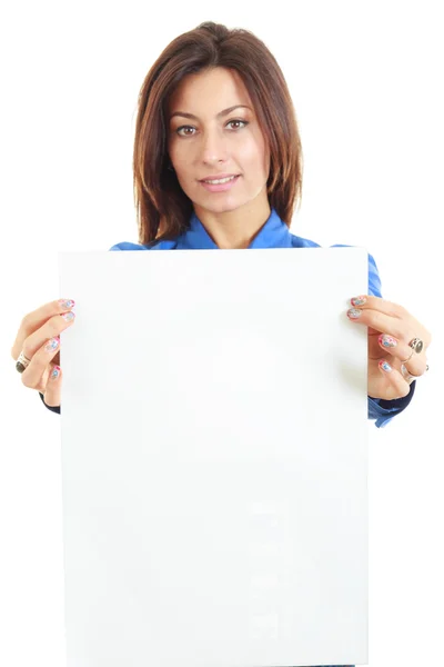 Pretty woman holding blank card ready for message — Stock Photo, Image