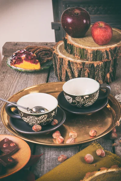 Tea equipment on vintager kitchen table — Stock Photo, Image