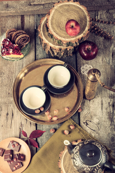 Tea pottery set in retro vintage style on table
