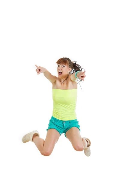 Girl or woman happy for her pure success in green blank t-shirt — Stock Photo, Image