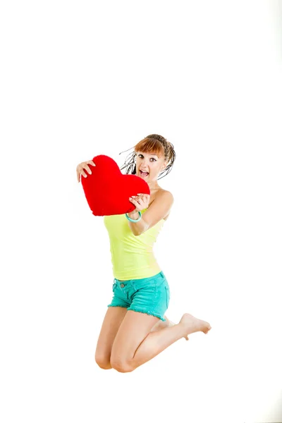 Portrait of beautiful woman hold Valentine day love symbol — Stock Photo, Image