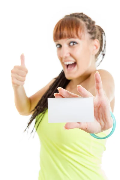 Smiling woman or teenager girl showing empty blank paper card si — Stock Photo, Image