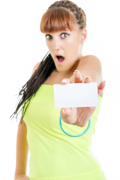 Surprised and shocked woman showing empty blank paper card sign — Stock Photo, Image