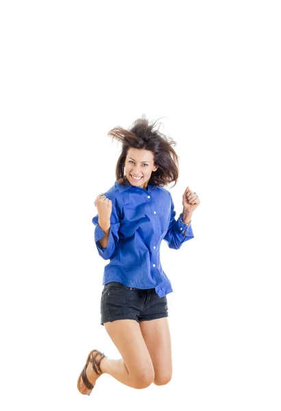 Teenage girl or woman happy for her success in blue blank shirt — Stock Photo, Image