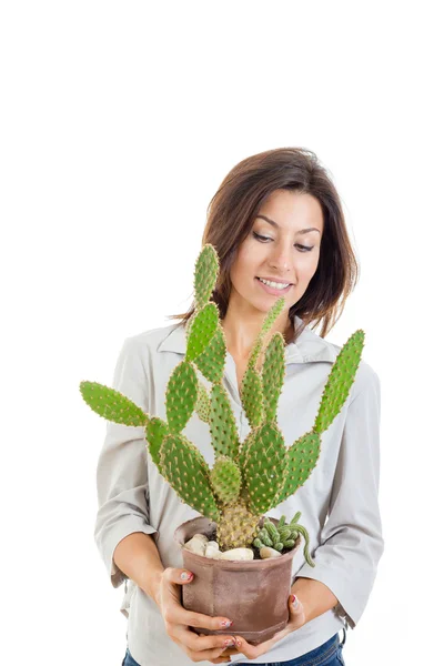 Casual flicka eller kvinna med kaktus i blomkruka — Stockfoto