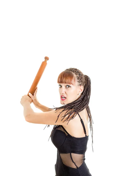 Beautiful woman using rolling pin for fight — Stock Photo, Image