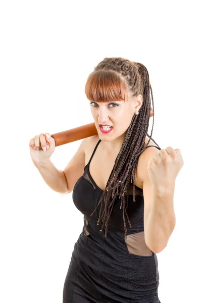 Brave girl defending herself holding rolling pin — Stock Photo, Image