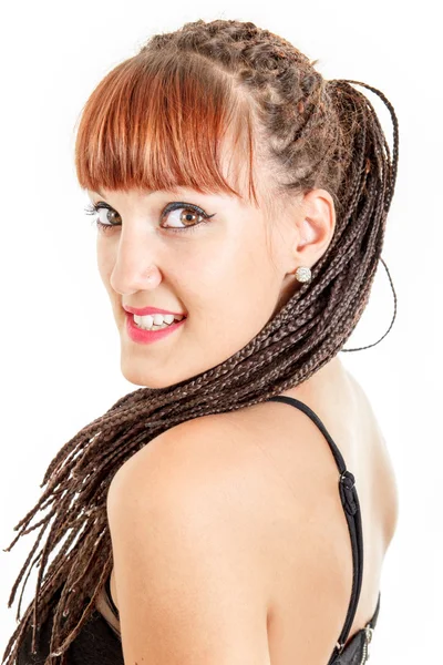 Sonriente mujer o niña con un elegante vestido negro mirando por encima — Foto de Stock