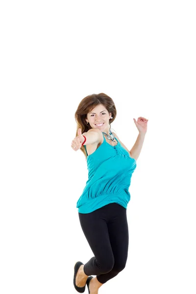 Woman or girl jumping  with thumb up of joy excited isolated on — Stock Photo, Image