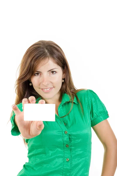 Mujer o niña en camisa verde con tarjeta de bussiness contra blanco b — Foto de Stock