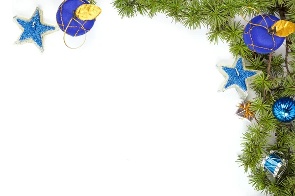 Christmas decoration with blue ornamentals and stars and green f — Stock Photo, Image