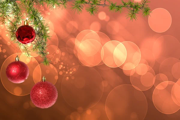 Christmas red balls with green fir tree on pink red bokeh backgr — Stock Photo, Image