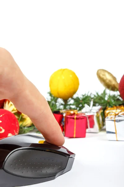 Computer mouse with gift boxes and finery — Stock Photo, Image