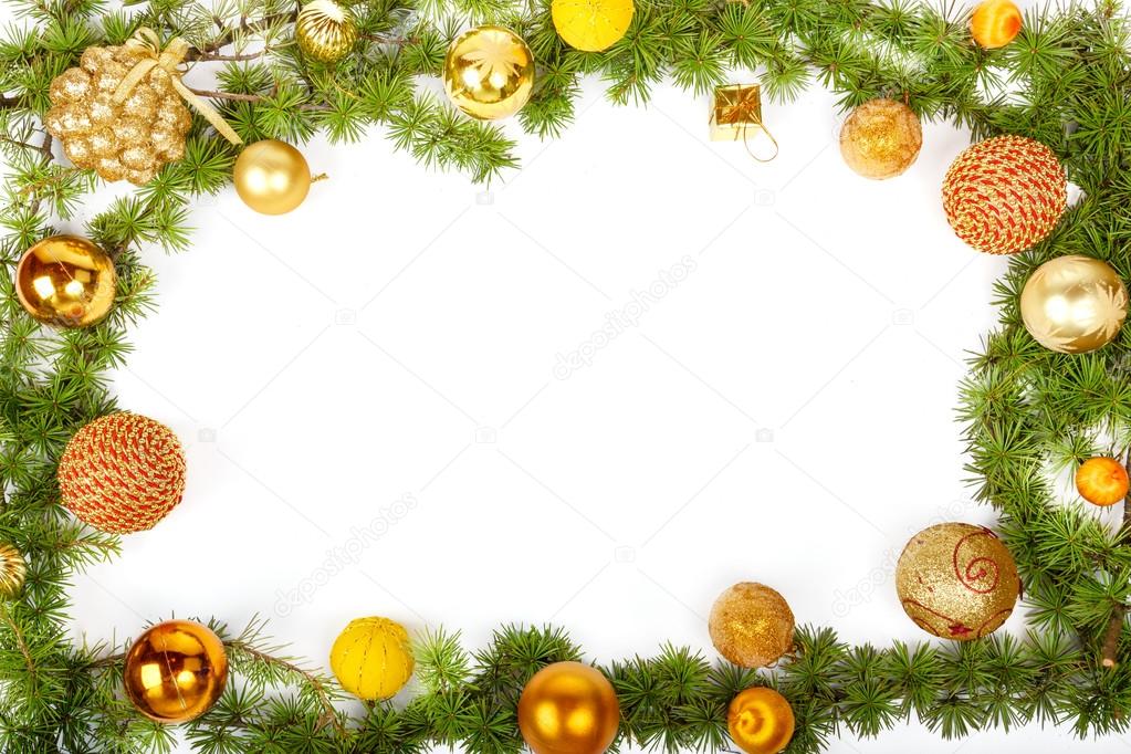 New Year decoration with pine or fir and yellow ornaments