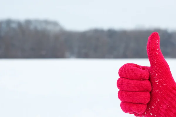 Hand in red woolen glove with thumb up on winter — Stock Photo, Image