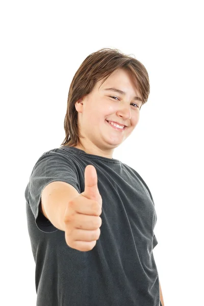 Gordinha criança ou menino sorrindo e confiantemente posando com o polegar para cima — Fotografia de Stock