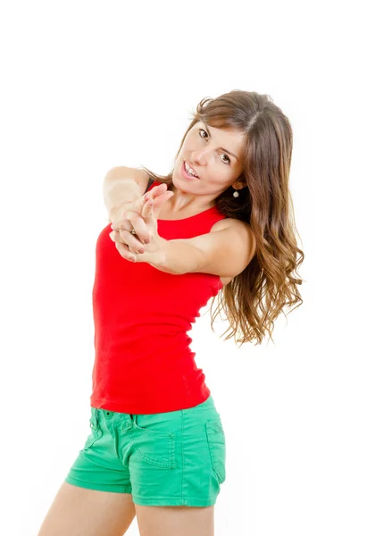 Cute teen girl shooting at camera — Stock Photo, Image