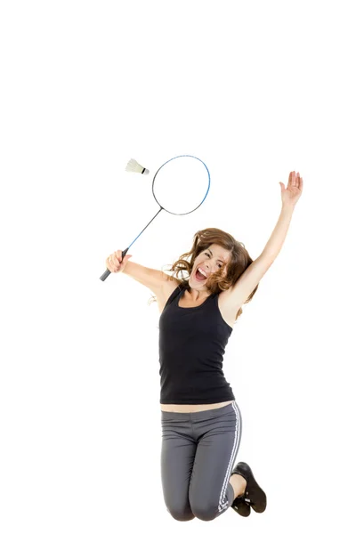 Joueur de badminton en action tenant une raquette pour attraper Shuttlecock — Photo