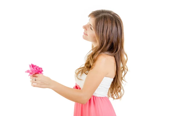 Sensual girl holding flower with romantic look — Stock Photo, Image