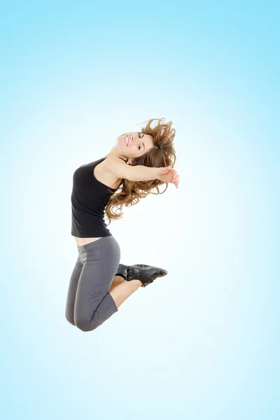 Weight loss fitness woman jumping of joy — Stock Photo, Image