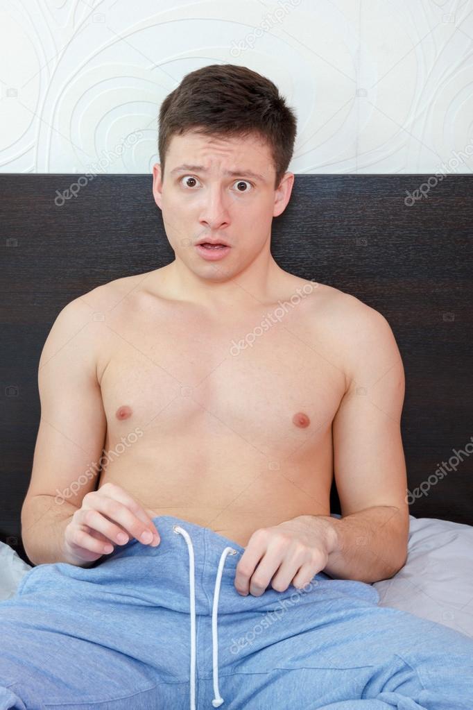 Embarrased man with impotency having trouble with peny