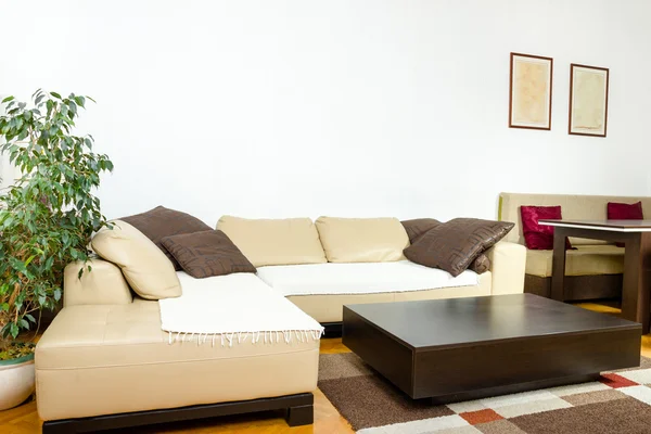 Hörnet gula soffan med färgglada kuddar och svart trä coffe Royaltyfria Stockbilder