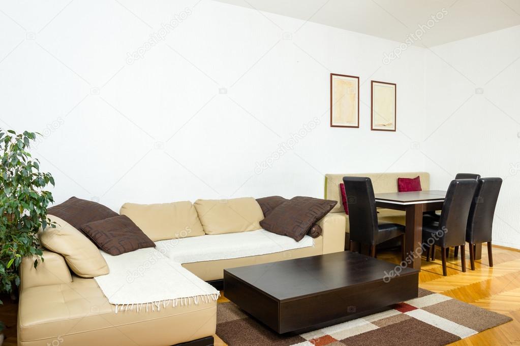 Modern design of home with sofa corner. Pleasant interior