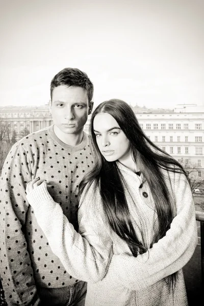 Fancy female and male, lovers on terrace — Stok fotoğraf