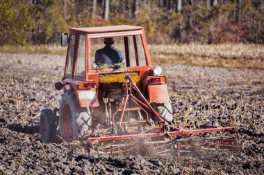 Sonbaharda, dikim için hazırlık alan kırmızı traktör sürme
