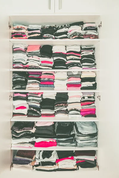 Dressing White Closet with Clothes Arranged Neatly Thickly Order — 图库照片