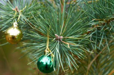 Ağaçta sarı ve yeşil Noel oyuncakları var. Yaklaş.