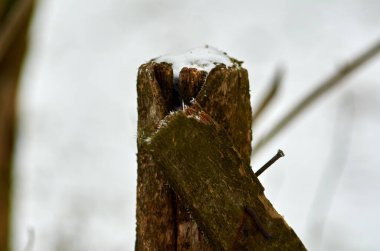 Çit parçalarının karla kaplı olduğu tahta bir direk.