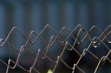 Sabahları güneş ışığında eski metal tel örgü.