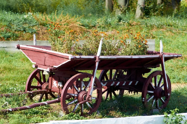 Antiguo Carro Madera Con Flores Crecimiento Pueblo Ucraniano — Foto de Stock