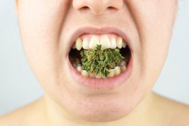 Marihuana tomurcuğunu ısıran bir kadının yakın çekimi.