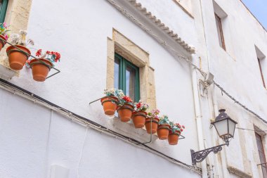 Penceresi farklı renkte saksıları olan beyaz bir bina resmi