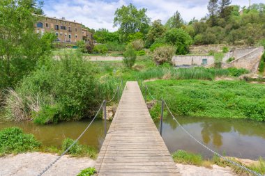 Wooden bridge over a river and vegetation