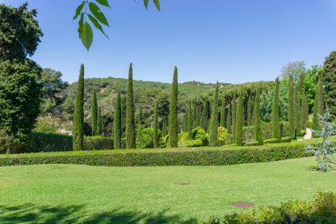 Costa Brava 'daki bir parkta bahçe ve ağaçların manzarası.