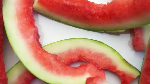 Close Nibbleed Watermelon Pieces White Background Rotation Top View — Stok Video