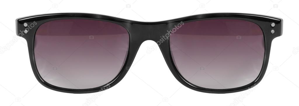 Sunglasses black frame and red color lens isolated against a cle