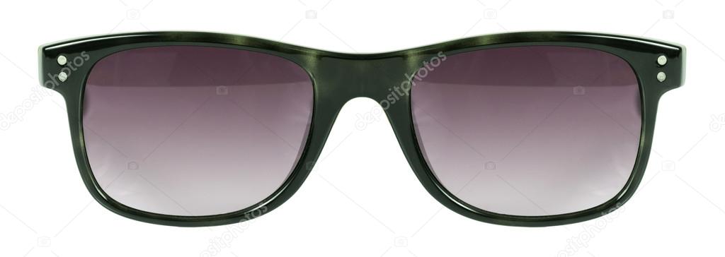 Sunglasses green frame and red color lens isolated against a cle