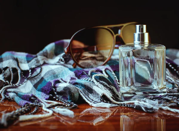 Men's Accessories. Jeans, perfume and scarf — Stock Photo, Image