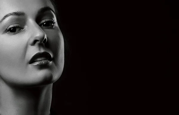 Black White Portrait Beautiful Woman Isolated Dark Background Studio Shot — Stock Photo, Image