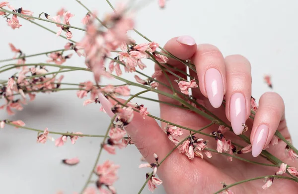 Elegante Manicura Rosa Femenina Moda Hermosa Mano Mujer Joven —  Fotos de Stock