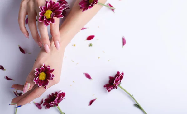 Weibliche Hände Und Blumen Auf Weißem Hintergrund — Stockfoto