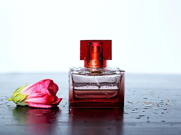 女用香水与粉红色的嫩花与水珠 — 图库照片