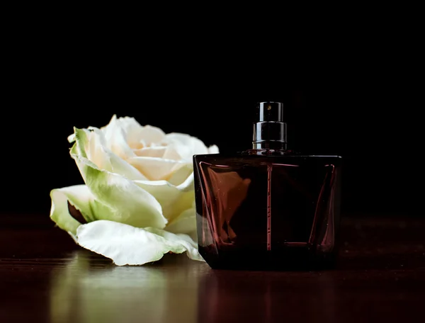 Parfümflasche mit weißer Rose — Stockfoto